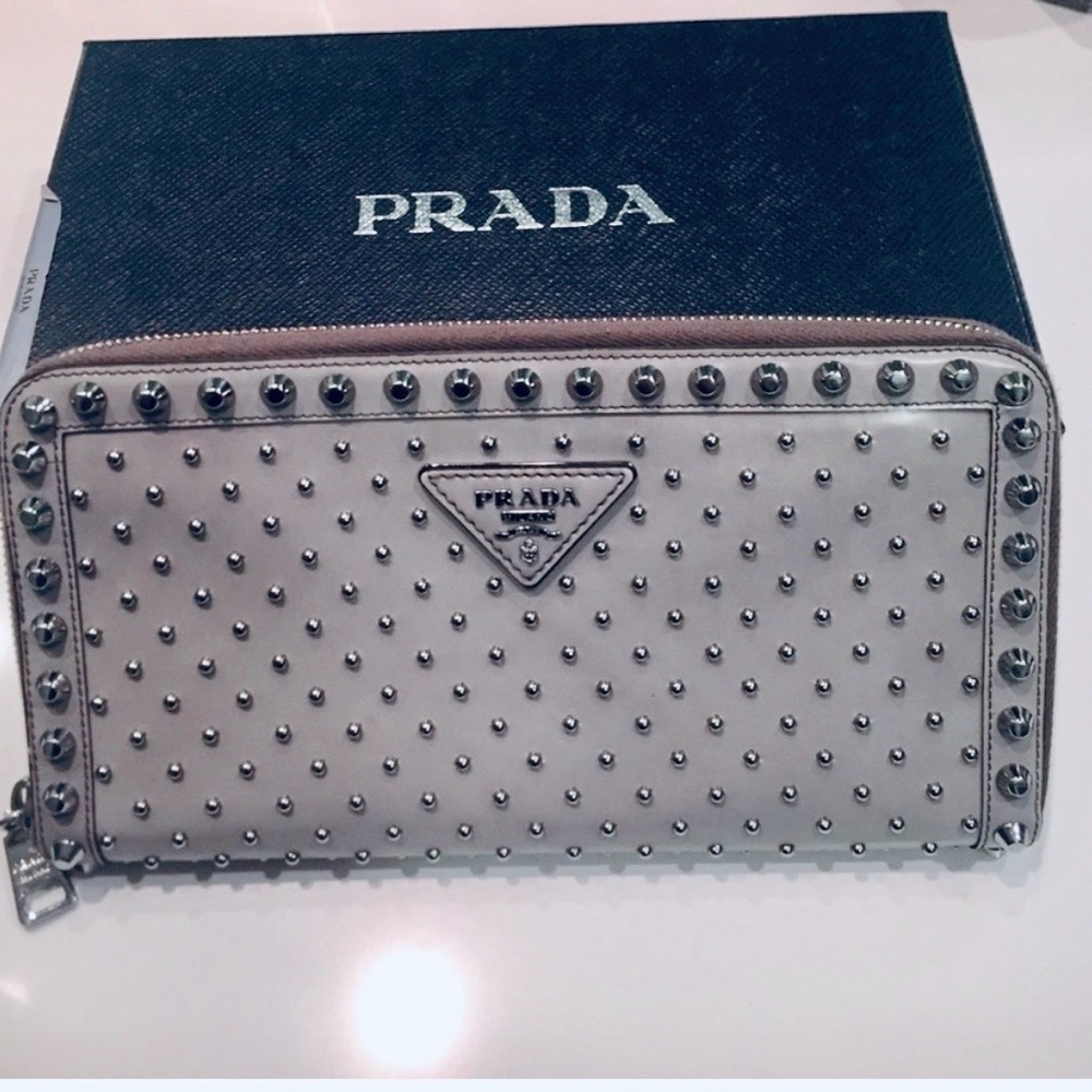 Prada Grey and silver studded leather clutch